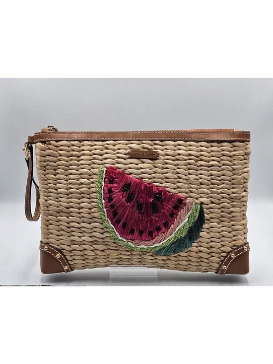 Michael Kors Women's Watermelon Raffia Malibu Straw XL Clutch Zip Wristlet 3304 - Picture 5 of 14